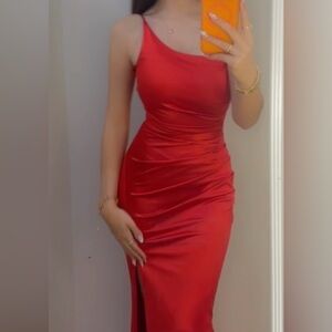 Windsor Red One-Shoulder Satin Maxi Dress